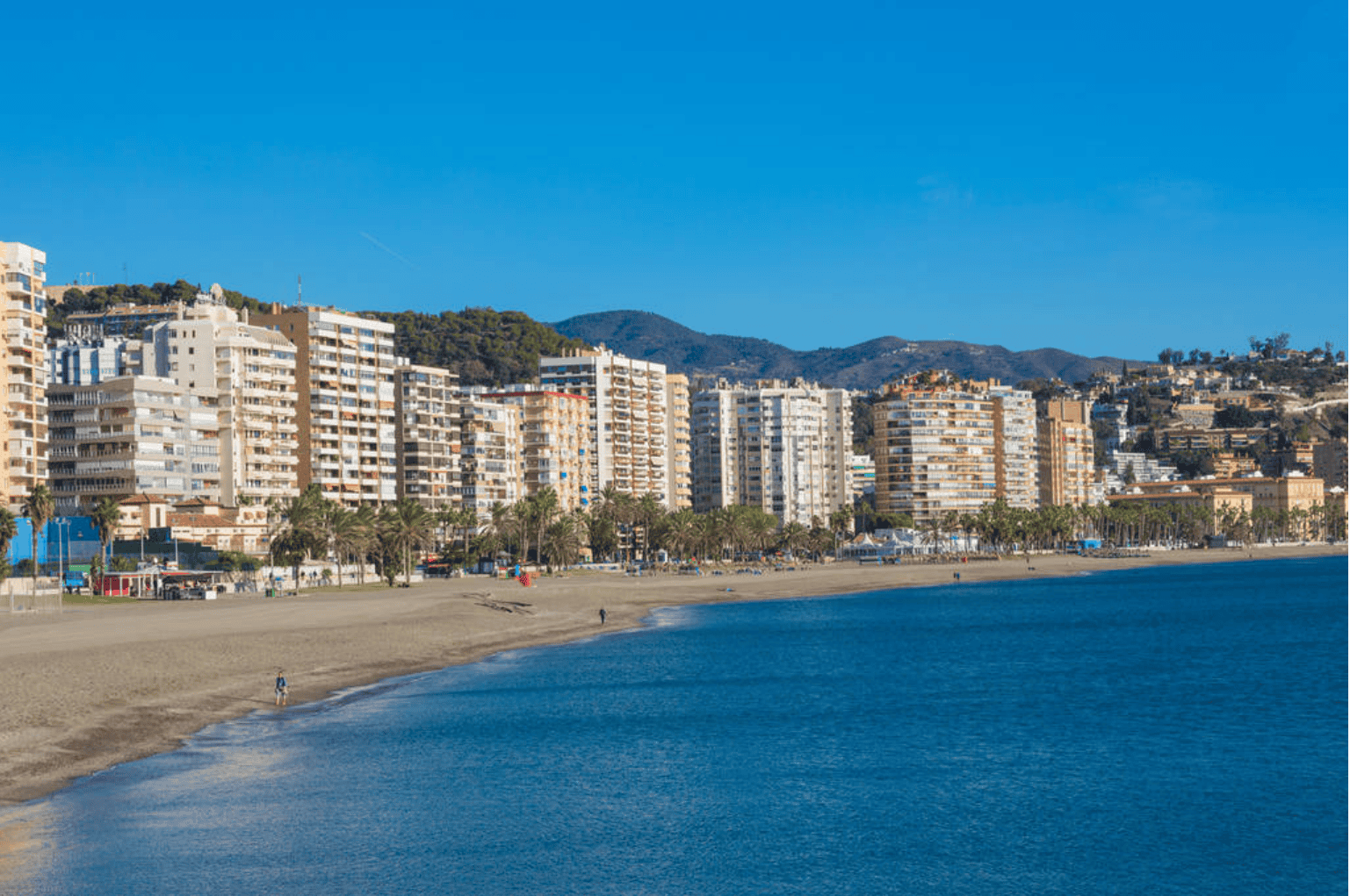 Malagueta strand i Málaga med mørk sand, palmer, strandpromenade og utsikt til havnen